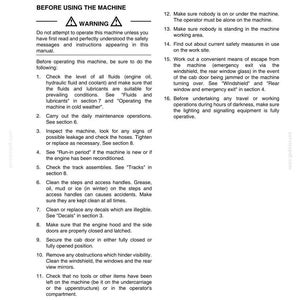 May include: A page from a manual titled "Operating Instructions" with the heading "Section 5." The text includes safety warnings and instructions for operating a machine, covering pre-operation checks, maintenance, and emergency procedures.