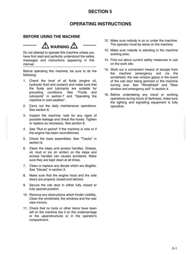 May include: A page from a manual titled "Operating Instructions" with the heading "Section 5." The text includes safety warnings and instructions for operating a machine, covering pre-operation checks, maintenance, and emergency procedures.