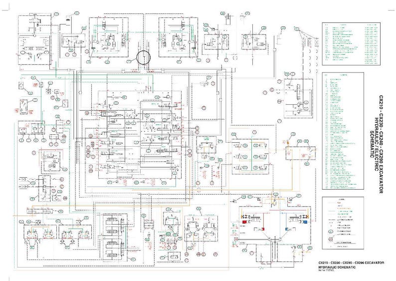 May include: A detailed schematic diagram for CX210, CX230, CX240, and CX290 excavators. The diagram features complex wiring and hydraulic system layouts with numerous symbols and labels. Text includes "HYDRAULIC/ELECTRIC SCHEMATIC".
