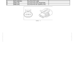 May include: Diagram of a connector labeled "CONNECTOR X-052 - MASTER CLUTCH PEDAL POD." The diagram includes a table with pin numbers, wire numbers, and circuit references. Two illustrations of the connector are also shown.