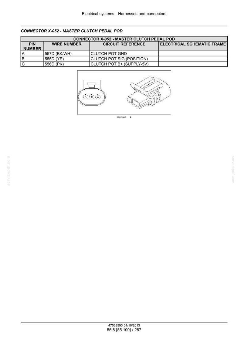 May include: Diagram of a connector labeled "CONNECTOR X-052 - MASTER CLUTCH PEDAL POD." The diagram includes a table with pin numbers, wire numbers, and circuit references. Two illustrations of the connector are also shown.