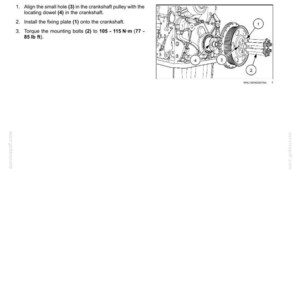 May include: Diagram of an engine crankshaft pulley installation. The image includes numbered components, instructions, and torque specifications in foot-pounds. The text reads "Crankshaft pulley - Install".
