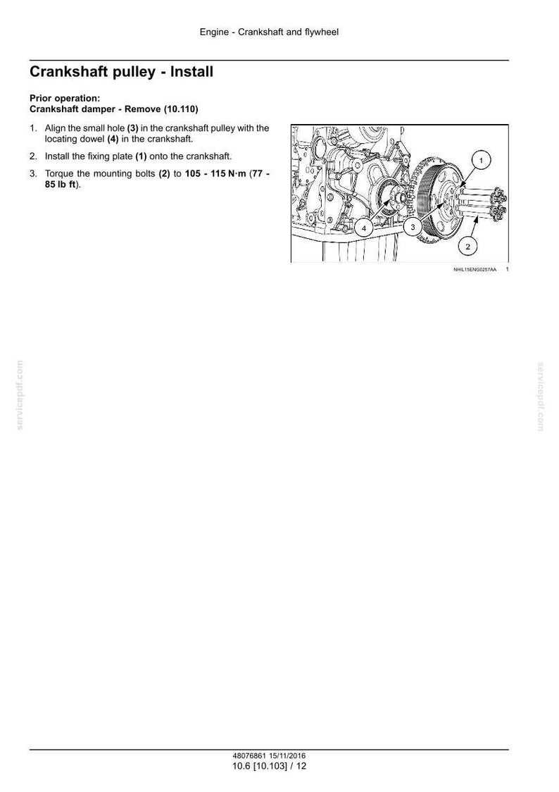 May include: Diagram of an engine crankshaft pulley installation. The image includes numbered components, instructions, and torque specifications in foot-pounds. The text reads "Crankshaft pulley - Install".