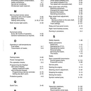 K&ouml;nnte beinhalten: Eine schwarz-wei&szlig;e Indexseite aus einem technischen Handbuch mit der &Uuml;berschrift Section 9, die Themen alphabetisch von M bis T auflistet. Der Text enth&auml;lt &Uuml;berschriften f&uuml;r Kategorien wie Mid mounted remote valves, Parking brake und Safety Aspects mit Seitenzahlen.