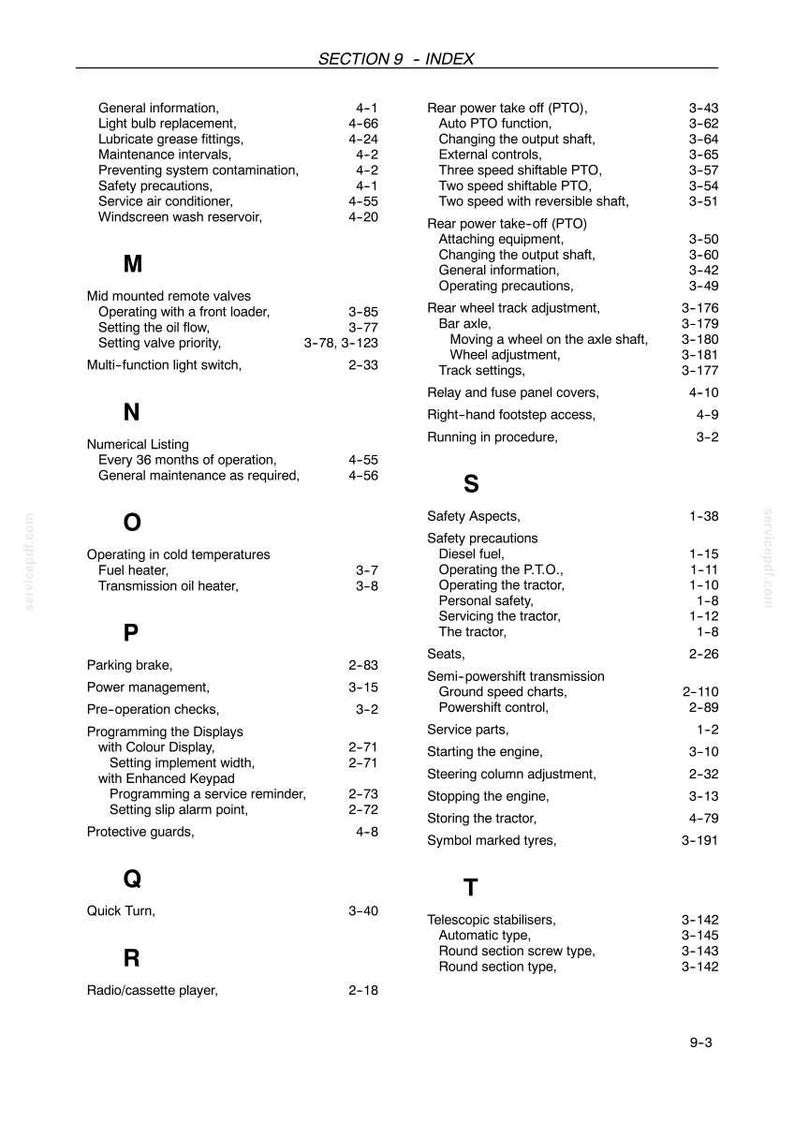 K&ouml;nnte beinhalten: Eine schwarz-wei&szlig;e Indexseite aus einem technischen Handbuch mit der &Uuml;berschrift Section 9, die Themen alphabetisch von M bis T auflistet. Der Text enth&auml;lt &Uuml;berschriften f&uuml;r Kategorien wie Mid mounted remote valves, Parking brake und Safety Aspects mit Seitenzahlen.