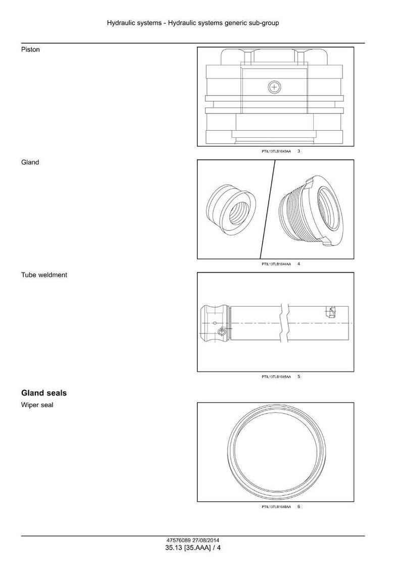 May include: Technical diagram of hydraulic system components, including a piston, gland, tube weldment, and gland seals. The diagram is in black and white, with detailed line drawings of each part. Text at the bottom reads "35.13 [35.AAA] / 4".