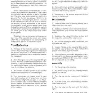 May include: Technical manual page with instructions for removing, installing, and disassembling an alcohol evaporator. Includes troubleshooting steps and assembly instructions. Text includes measurements in inches and pounds.