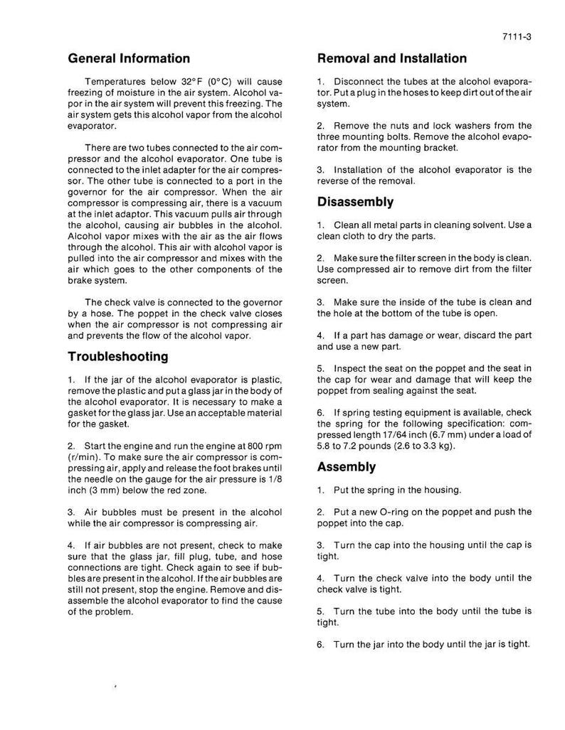 May include: Technical manual page with instructions for removing, installing, and disassembling an alcohol evaporator. Includes troubleshooting steps and assembly instructions. Text includes measurements in inches and pounds.