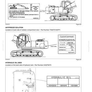 May include: A technical manual page titled Chapter 2 - Safety, Decals, and Hand Signals. It features three diagrams of an excavator with labels for hydraulic oil check, antifreeze solution, and hydraulic oil used, including part numbers and text.