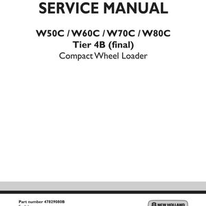 May include: A white service manual with black text. The title "SERVICE MANUAL" is at the top, followed by model numbers and "Compact Wheel Loader." The New Holland Construction logo is at the bottom.