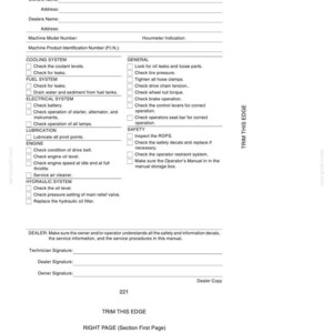 May include: A white document titled "AFTER DELIVERY CHECK" with a checklist for machine maintenance after 100 hours of operation. Includes sections for cooling, fuel, electrical, lubrication, engine, hydraulic systems, and safety checks. Also includes signature lines.