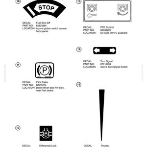 May include: A technical document page titled INSTRUCTIONAL DECALS, displaying black and white icons for equipment controls. Items include a STOP fuel shut off, a PTO control, a park brake with a P symbol, turn signals, a differential lock, and a throttle.