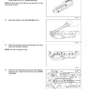 May include: Diagram illustrating valve block assembly steps, detailing tightening torques for screw plugs at 25 Nm and 35 Nm. Includes instructions for spraying a restrictor and securing with bolts and nuts to 23 Nm.