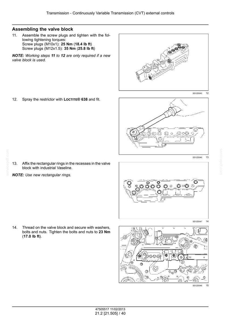 May include: Diagram illustrating valve block assembly steps, detailing tightening torques for screw plugs at 25 Nm and 35 Nm. Includes instructions for spraying a restrictor and securing with bolts and nuts to 23 Nm.