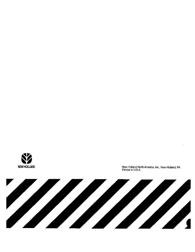 May include: A white document cover featuring the black New Holland logo in the bottom left corner. The bottom section displays black diagonal stripes. Text in the bottom right reads: New Holland North America, Inc., New Holland, PA. Printed in U.S.A.