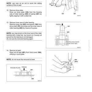 May include: A technical manual page titled SWING DEVICE E135B, featuring black and white line drawings and instructions for removing a drive shaft, shoe plate, inner race of a roller bearing, and oil seal using tools like a press and mallet.