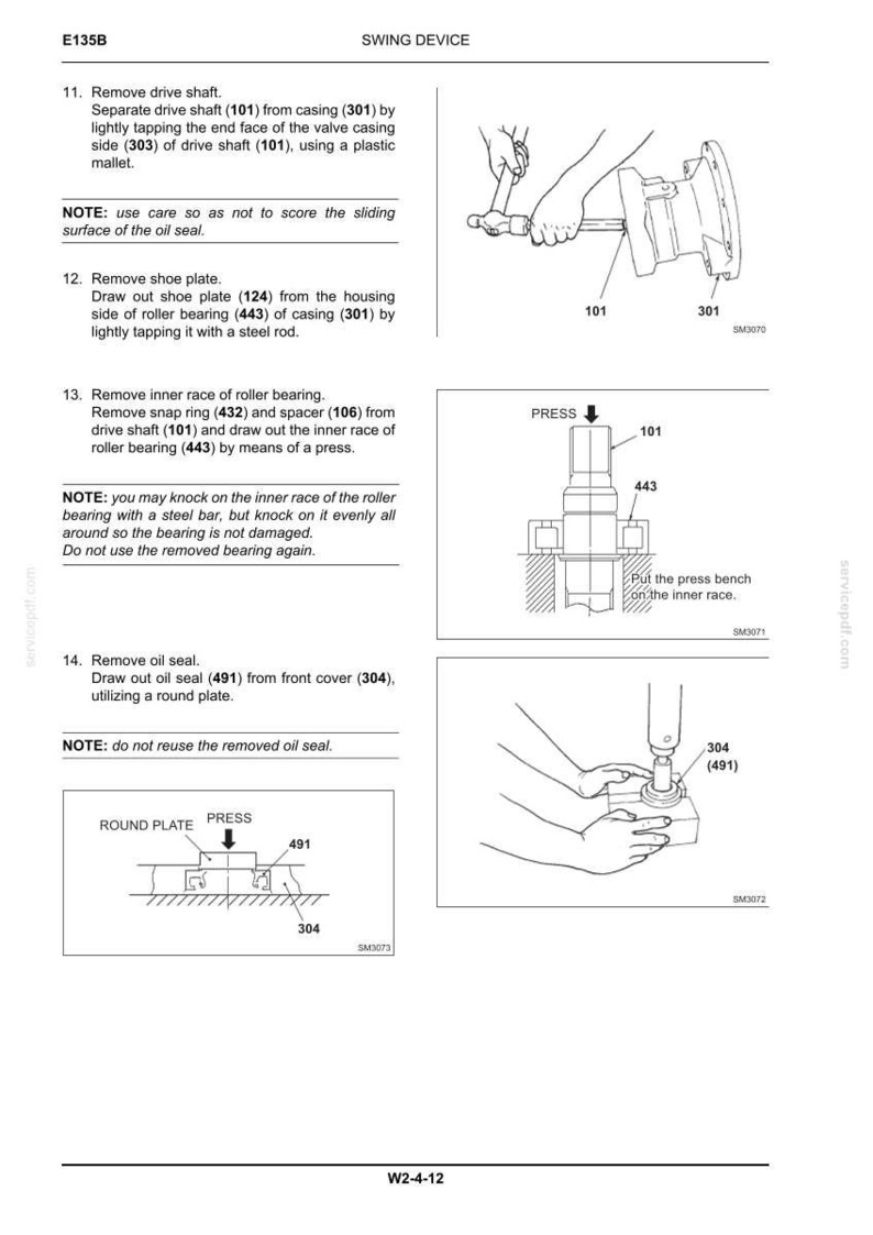 May include: A technical manual page titled SWING DEVICE E135B, featuring black and white line drawings and instructions for removing a drive shaft, shoe plate, inner race of a roller bearing, and oil seal using tools like a press and mallet.