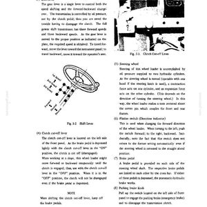 Puede incluir: Una p&aacute;gina de manual t&eacute;cnico titulada OPERATION con texto y diagramas. Incluye un diagrama de una palanca de cambios con etiquetas para 1&ordf;, 2&ordf; y 3&ordf; velocidad, avance, punto muerto y retroceso, adem&aacute;s de una fotograf&iacute;a Fig. 3-3 Clutch Cut-off Lever.