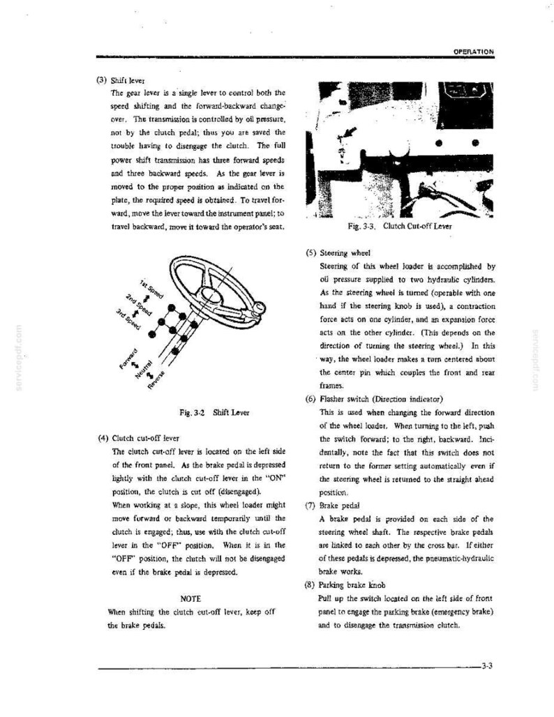 Puede incluir: Una p&aacute;gina de manual t&eacute;cnico titulada OPERATION con texto y diagramas. Incluye un diagrama de una palanca de cambios con etiquetas para 1&ordf;, 2&ordf; y 3&ordf; velocidad, avance, punto muerto y retroceso, adem&aacute;s de una fotograf&iacute;a Fig. 3-3 Clutch Cut-off Lever.