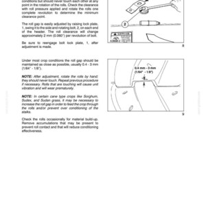 May include: A technical document page titled SECTION 00 - GENERAL INFORMATION - CHAPTER 2, detailing roll gap adjustment procedures. It includes two line-art diagrams showing a lock plate, a bolt, and a gap measurement of 0.4 mm - 3 mm (1/64" - 1/8").