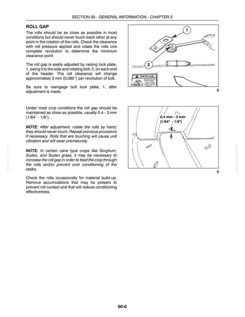 May include: A technical document page titled SECTION 00 - GENERAL INFORMATION - CHAPTER 2, detailing roll gap adjustment procedures. It includes two line-art diagrams showing a lock plate, a bolt, and a gap measurement of 0.4 mm - 3 mm (1/64" - 1/8").