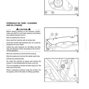 May include: Diagram of a machine's fuel and hydraulic oil systems, with numbered components and safety instructions. Includes text about cleaning and oil changes, with warnings about hot oil and pressure.