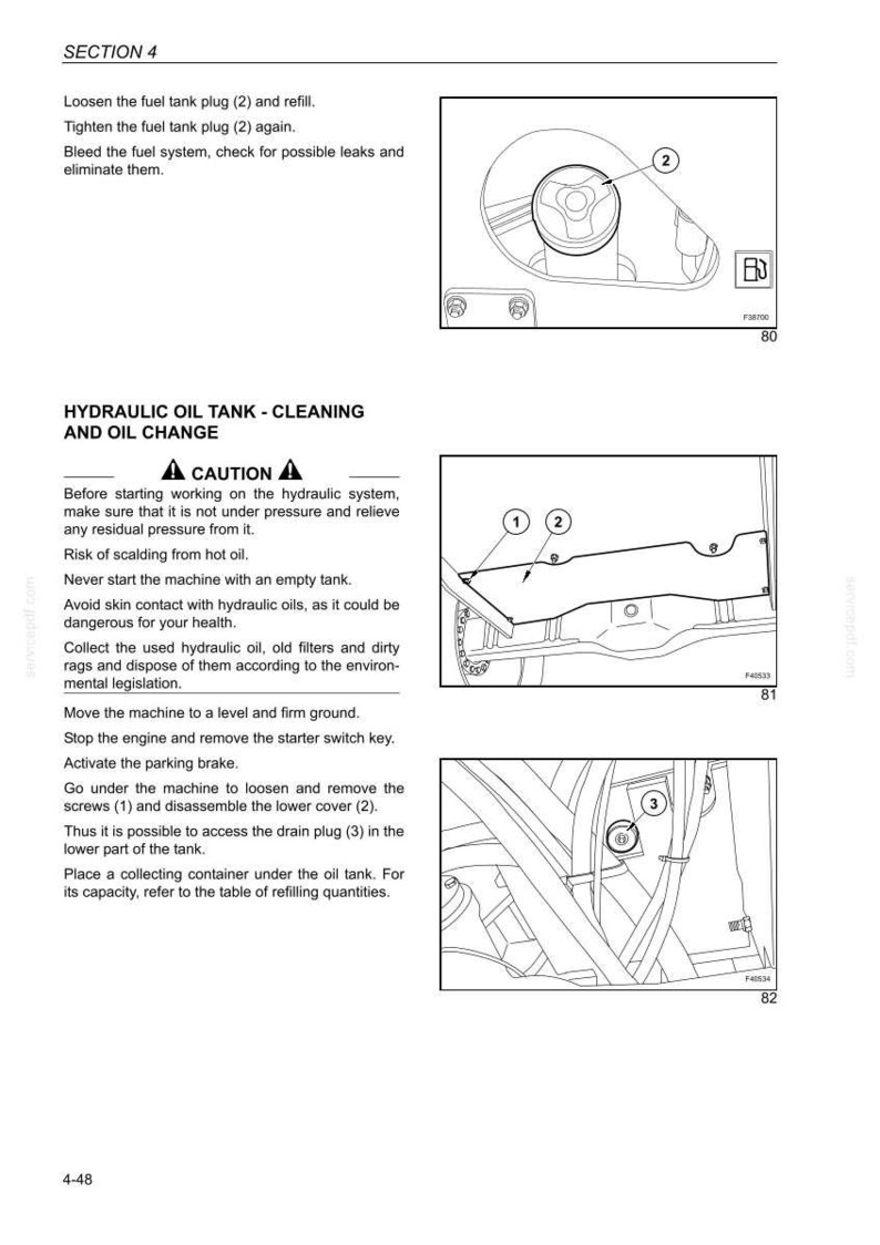 May include: Diagram of a machine's fuel and hydraulic oil systems, with numbered components and safety instructions. Includes text about cleaning and oil changes, with warnings about hot oil and pressure.