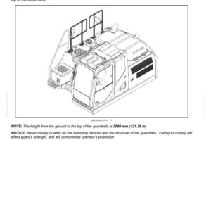 May include: Diagram of guardrails for a machine, with a height of 121.26 inches. The guardrails are installed on the upperframe edges to protect operators from falls. The image includes text about the guardrails.