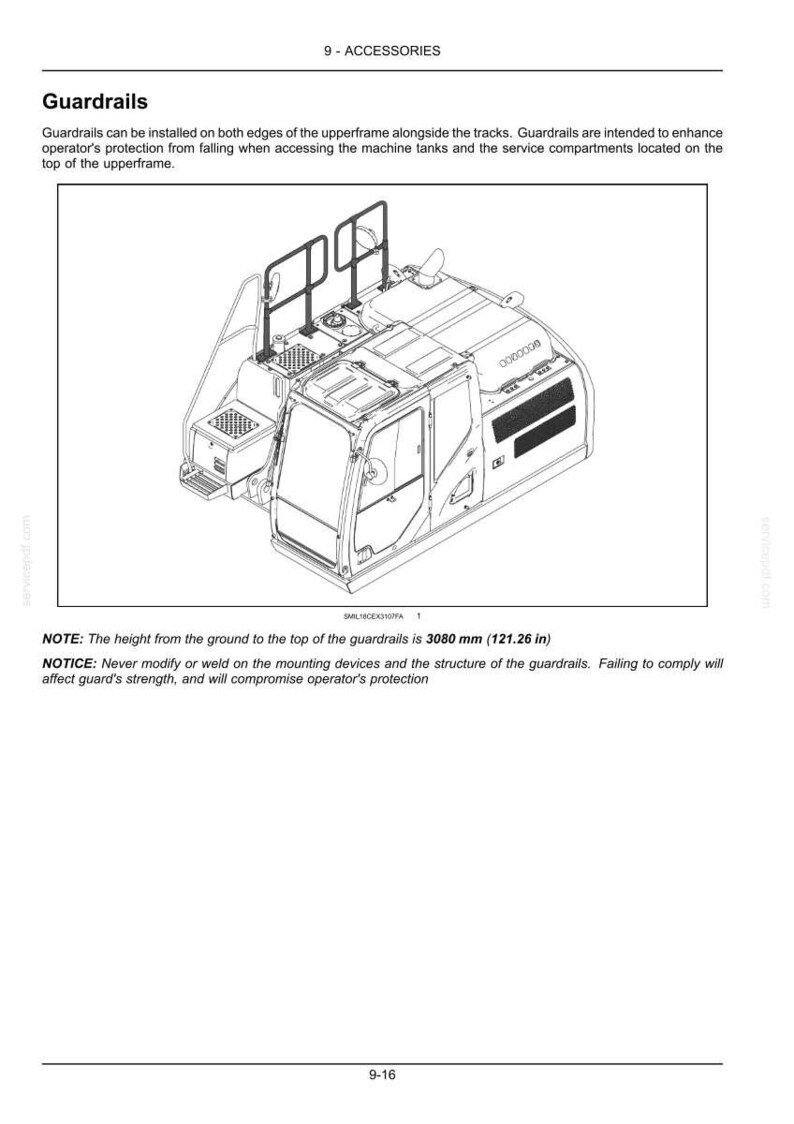 May include: Diagram of guardrails for a machine, with a height of 121.26 inches. The guardrails are installed on the upperframe edges to protect operators from falls. The image includes text about the guardrails.
