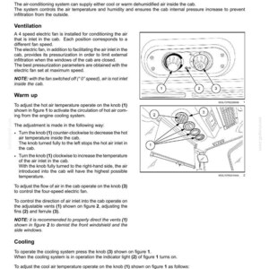 May include: A technical manual page titled 6-WORKING OPERATIONS detailing a cab pressurizing and air-conditioning system. It includes two black and white line drawings showing control knobs, air vents, and numbered components for vehicle operation.