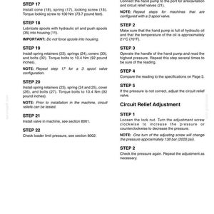 May include: A technical document page titled 8005-15 detailing mechanical procedures. The text provides step-by-step instructions for a Circuit Relief Pressure Test and Circuit Relief Adjustment, including torque specifications in Nm and pound inches.