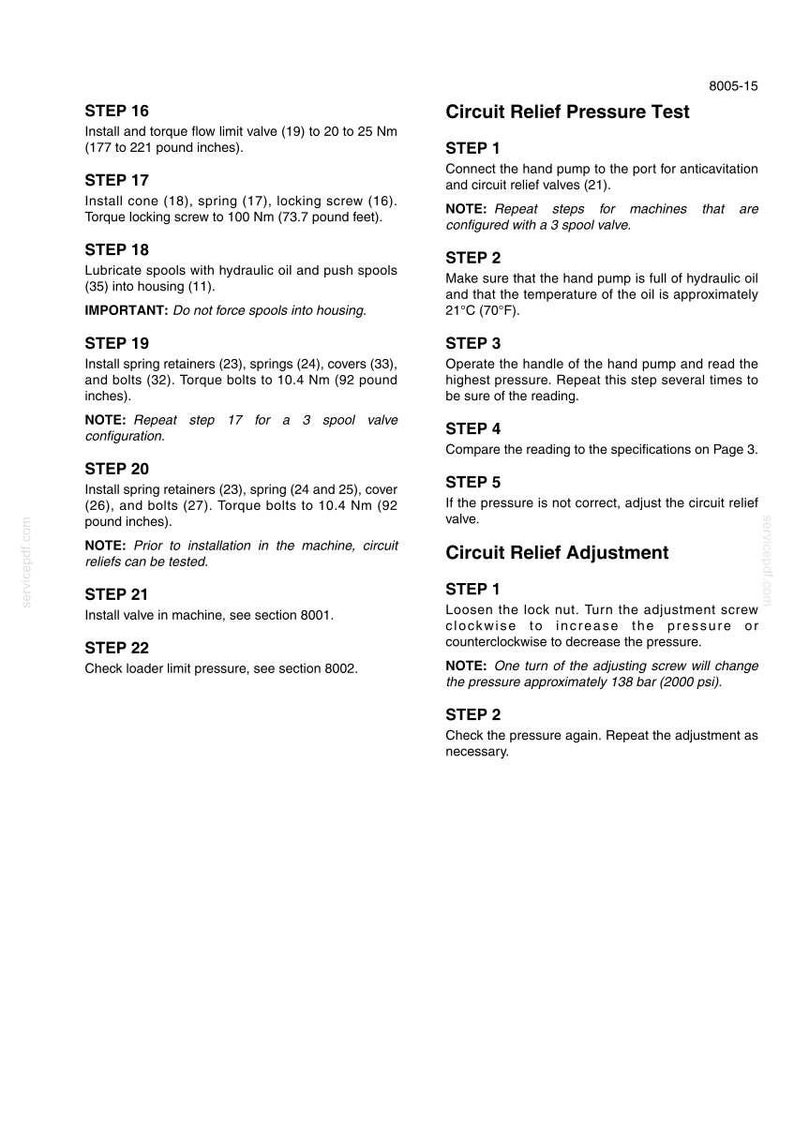 May include: A technical document page titled 8005-15 detailing mechanical procedures. The text provides step-by-step instructions for a Circuit Relief Pressure Test and Circuit Relief Adjustment, including torque specifications in Nm and pound inches.