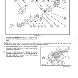 May include: Diagram of a front axle system with a front bevel gear set and differential. The image is a technical illustration with numbered components, including gears, bolts, and casings. Text provides instructions for assembly and disassembly.