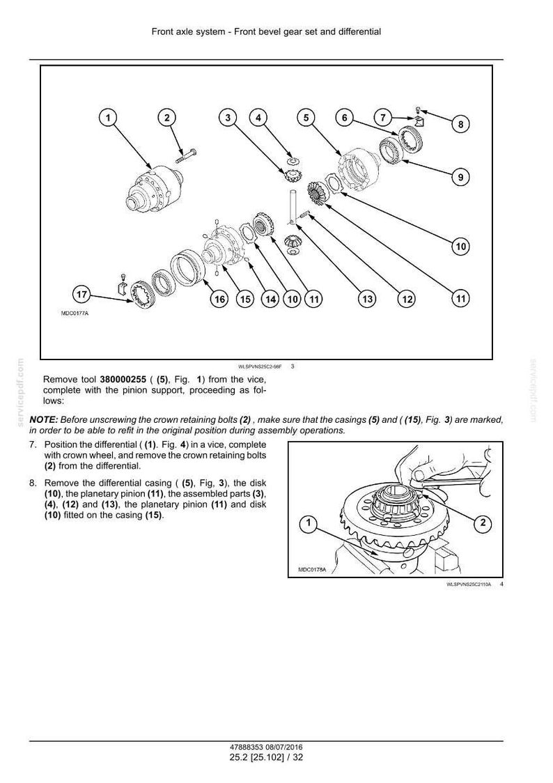 May include: Diagram of a front axle system with a front bevel gear set and differential. The image is a technical illustration with numbered components, including gears, bolts, and casings. Text provides instructions for assembly and disassembly.