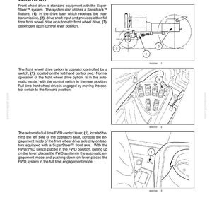 May include: Diagram of a powered front axle system, detailing the Sensitrack feature. Includes illustrations of the drive train, control levers, and switch locations. Text explains the operation of the front wheel drive and its modes.
