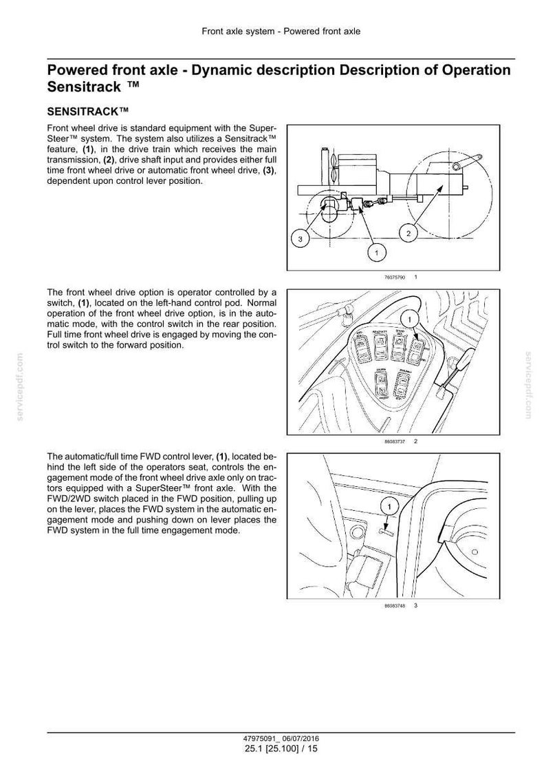 May include: Diagram of a powered front axle system, detailing the Sensitrack feature. Includes illustrations of the drive train, control levers, and switch locations. Text explains the operation of the front wheel drive and its modes.