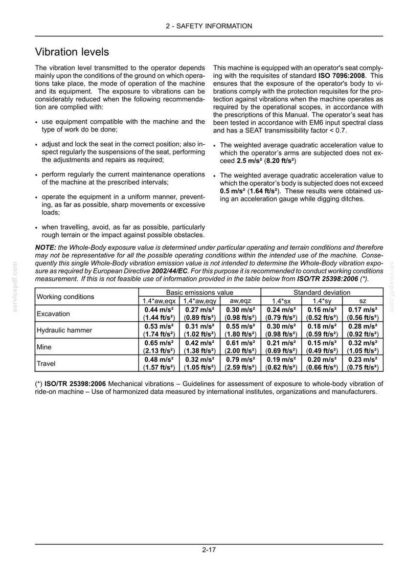 May include: A technical document with tables detailing vibration levels for various working conditions, including excavation, hydraulic hammer, mine, and travel. Measurements are provided in m/s&sup2; and ft/s&sup2;.