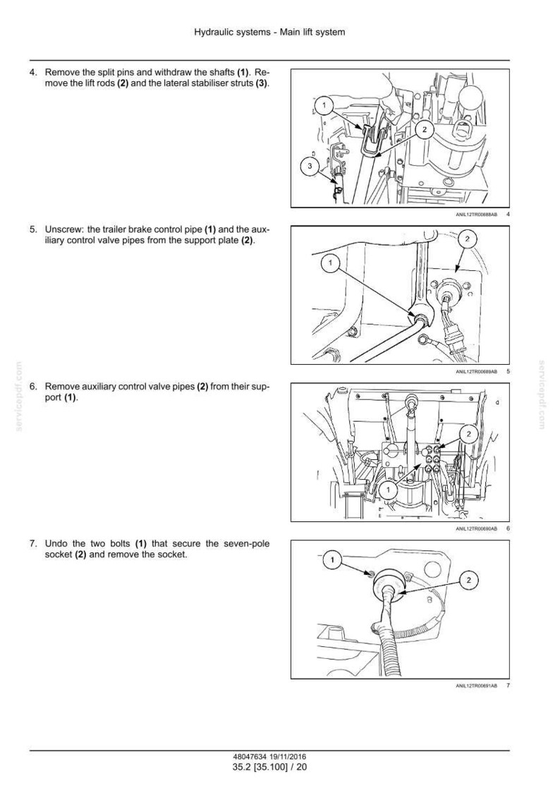 May include: Diagram of a hydraulic system's main lift system, with numbered components and instructions. Includes illustrations of removing split pins, lift rods, and control pipes. Text includes "Hydraulic systems - Main lift system".