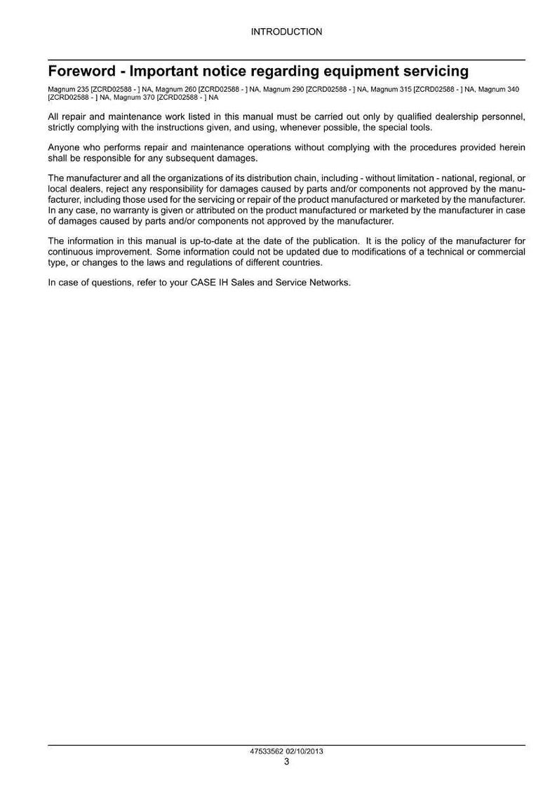 May include: A white page from a manual with the title "Foreword - Important notice regarding equipment servicing." The text includes warnings about repairs and maintenance, and a publication date of 02/10/2013.