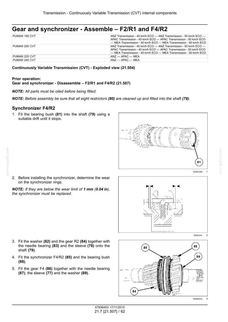 May include: Diagram of a continuously variable transmission (CVT) assembly, including gear and synchronizer components. The image includes exploded views and detailed instructions for assembly, with measurements in inches.