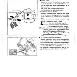 May include: A technical manual page featuring black and white line drawings of travel levers and an air conditioner control panel for heavy machinery. The text explains travel lever operation, speed switching, and air conditioner control functions.
