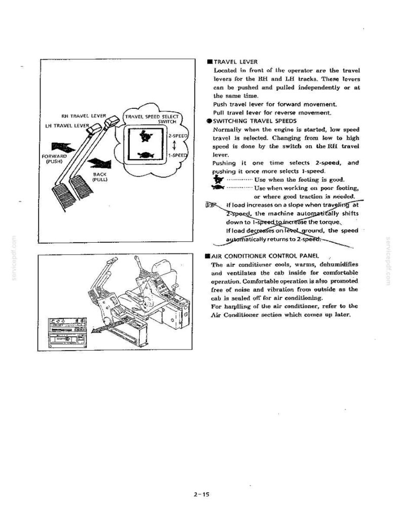 May include: A technical manual page featuring black and white line drawings of travel levers and an air conditioner control panel for heavy machinery. The text explains travel lever operation, speed switching, and air conditioner control functions.