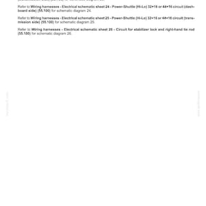 May include: A white document with black text detailing electrical systems, wiring harnesses, and schematic diagrams. The document includes references to Power-Shuttle circuits and stabilizer lock components. The bottom of the page has a date and a reference number.