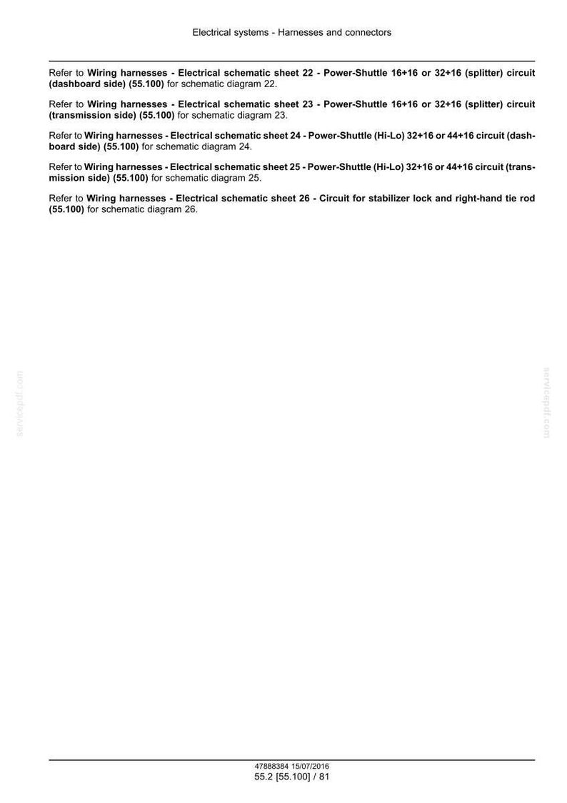 May include: A white document with black text detailing electrical systems, wiring harnesses, and schematic diagrams. The document includes references to Power-Shuttle circuits and stabilizer lock components. The bottom of the page has a date and a reference number.