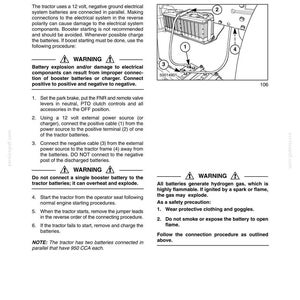 May include: A technical manual page titled TRACTOR BOOSTER STARTING, featuring a black and white line drawing of a tractor battery setup with numbered connection points 1 through 4, accompanied by detailed safety warnings and operating instructions.
