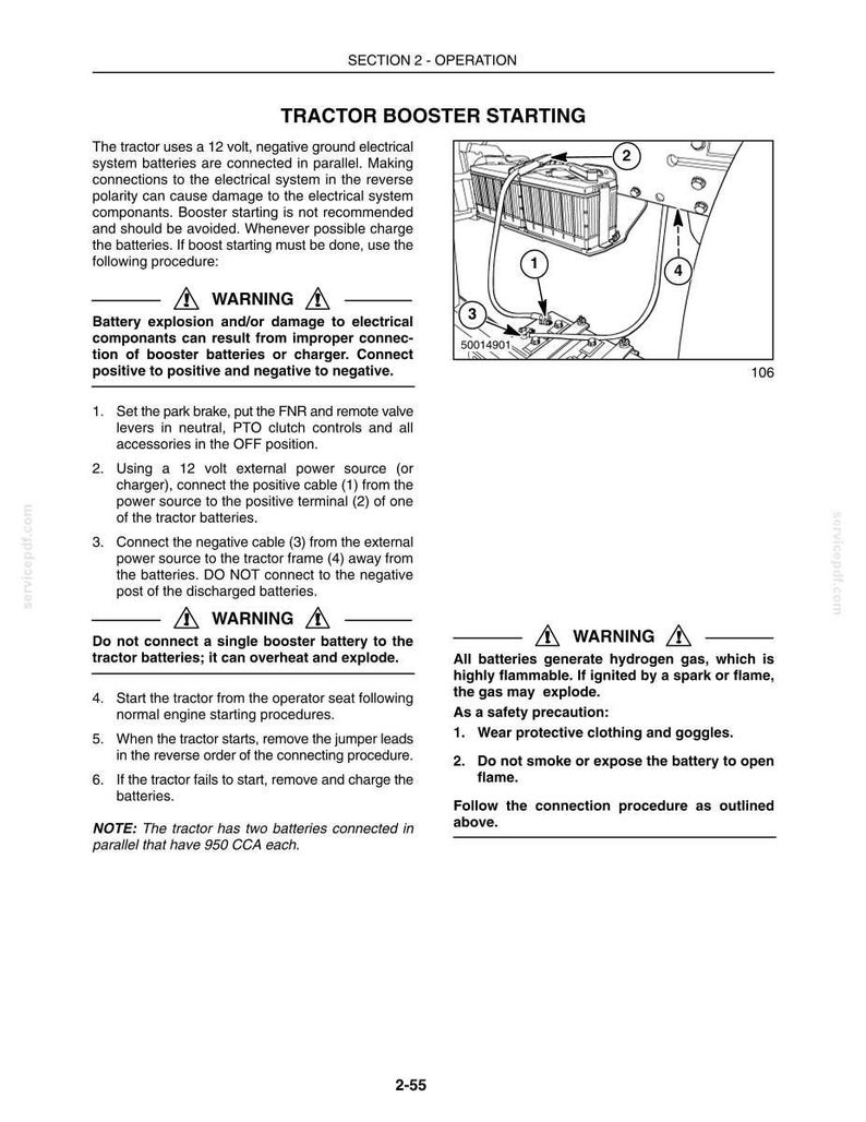 May include: A technical manual page titled TRACTOR BOOSTER STARTING, featuring a black and white line drawing of a tractor battery setup with numbered connection points 1 through 4, accompanied by detailed safety warnings and operating instructions.