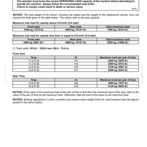 May include: A technical document page titled 9-SPECIFICATIONS detailing maximum permitted loads on front and rear axles for a tractor. It includes warning text about overturning hazards and tables listing load capacities in kg and lbs.