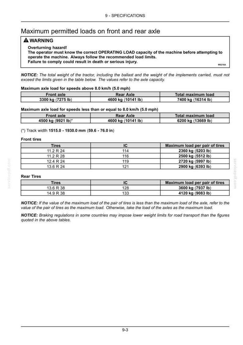 May include: A technical document page titled 9-SPECIFICATIONS detailing maximum permitted loads on front and rear axles for a tractor. It includes warning text about overturning hazards and tables listing load capacities in kg and lbs.
