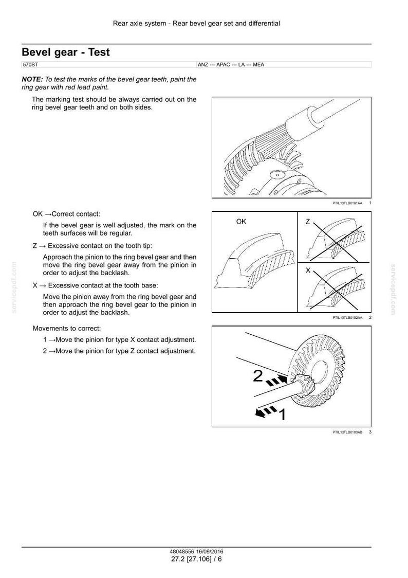 May include: Diagram of a rear axle system with a bevel gear test. The image includes illustrations of gear teeth contact, labeled "OK", "Z", and "X", with instructions for adjustments. Text explains the marking test and movements.