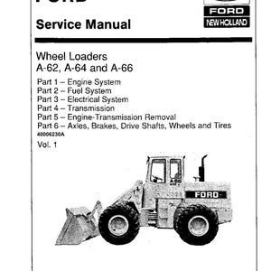 Op de afbeelding: Een Ford Service Manual voor wielladers A-62, A-64 en A-66. De cover toont een beige wiellader met zwarte banden en een voorste bak. De Ford en New Holland logo's zijn zichtbaar.